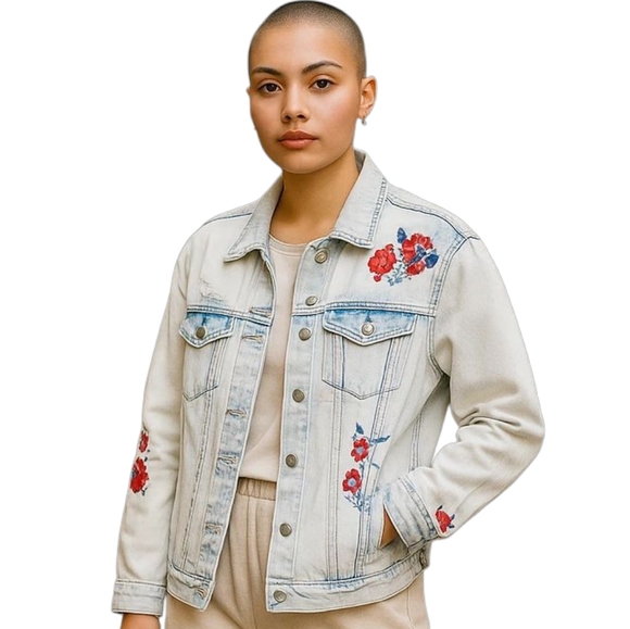 Hollister Jacket Top Destroyed Floral Embroidered Jean Pockets Shacket - Picture 2 of 12